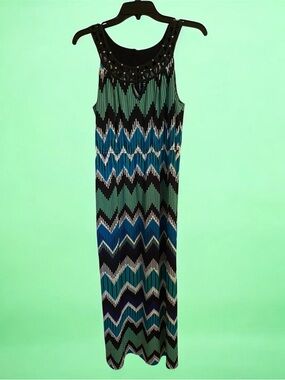 AB Studio Chevron Maxi Dress in Green, Blue & Black